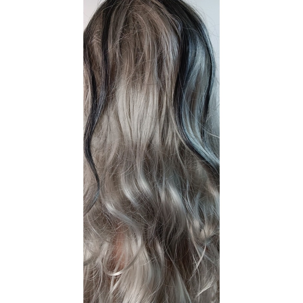 Curly Wavy Long synthetic Black Gray Silver Highlights middle Part hair wig 27" - Picture 5 of 11